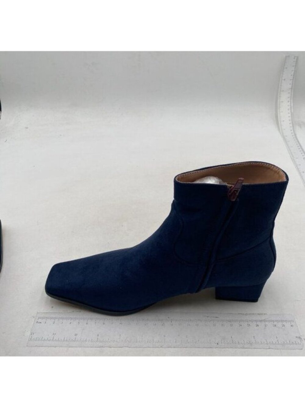 Navy Square Toe Low Chunky Block Heels Side Zipper Ankle Boots Formal Shoes